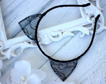 Black Cat Ears Headband, Wire Kitten Ears, Cat Hair Band, Bachelorette Headband, Cat Ears Headband, Black Cat Ears, lace cat ears