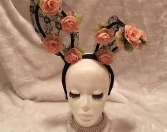Black Lace Bunny Ears with Peach Flowers. Burlesque Cabaret Vintage Shabby Chic Boho Costume Accessory