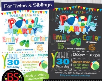 POOL PARTY Invitation, Two kids Pool Party Birthday invitation, Twins , Double Birthday Party invite, joint birthday party, sibling birthday