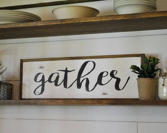 GATHER 8"x24" | distressed farmhouse decor | wall decor | shabby chic painted wall art | rustic wood plaque