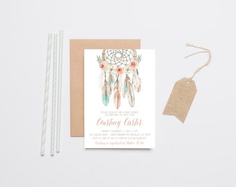 Boho Baby Shower Invitation Girl, Dream Catcher, Feather, Flower, Printable (255)