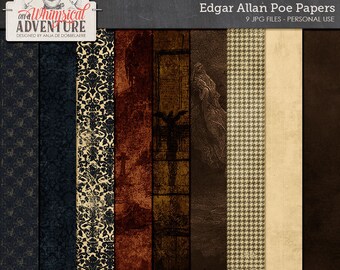 Gothic, Edgar Allan Poe papers, digital scrapbooking, art journaling, Halloween, digital download, damask, raven, graveyard, ghost, spooky
