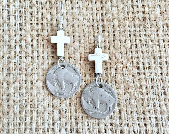 White Cross Earrings, Howlite Earrings, Buffalo Nickel Earrings, Buffalo Earrings, Buffalo Nickel Drops, Stone Cross Earrings, Coin Earrings