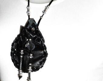Black vintage pouch, Amulet bag, Leather tribal bag, Drawstring pouch, fringed antique pouch, Leather medicine pouch, Accessory bag
