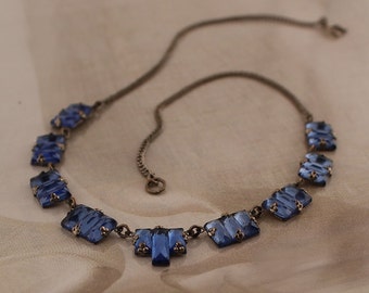 ART DECO Necklace Blue VAUXHALL Glass | Vintage Czech Bohemian 1920s Mirror Glass | Signed Czechoslov