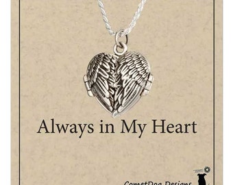 Sterling Silver Antiqued Angel Wings Heart Locket Necklace on Rope Chain