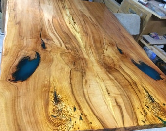 SOLD** Reclaimed Spalted Sugar Maple Live Edge Dining Table with Custom Blue Epoxy Fill and Epoxy Top Coat(Custom order for Marissa and Ian)