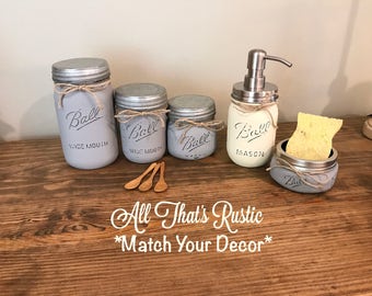 Rustic Kitchen Set, Mason Jar Decor, Kitchen Decor, Kitchen Storage, Rustic Home Decor, Mason Jar Canisters, Canister Set, Soap Dispenser