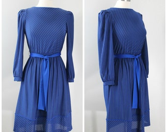 Vintage 70s Just Ducky Blue Striped Elastic Waist Belted Dress Size 8