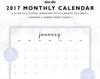 2017 MONTHLY CALENDAR / A4 Calendar / Monthly Calendar / Wall Planner / Monthly Planner / Planner / The Lola Planners in Lilac / 413