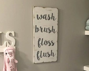 Wash brush floss flush bathroom wood sign, custom children bathroom decor, kids bathroom rules custom colors, bathroom quote art