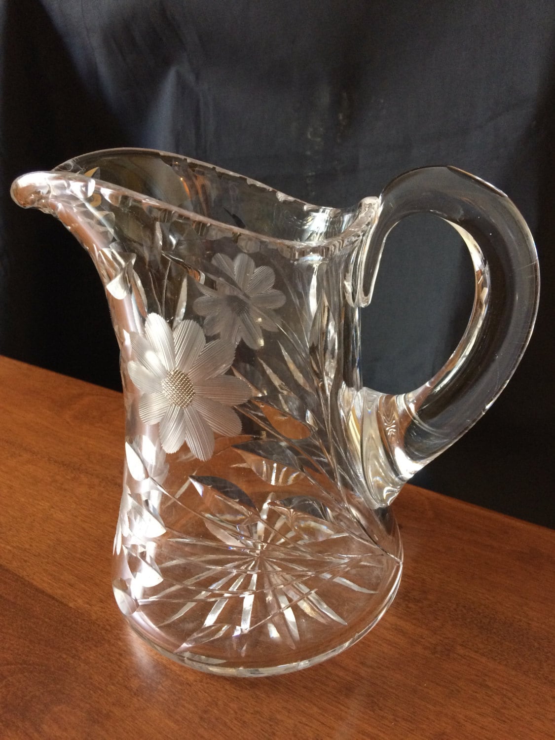 Vintage Cut Glass Pitcher Crystal Daisy Pitcher Clear