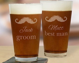 Mustache Engraved Groomsmen Beer Glass 16 oz - Mustache Groom's Beer Glass - Personalized Groomsmen Gifts - Father of the Bride Glass