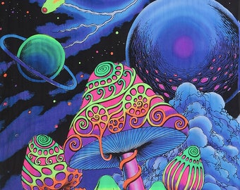 Psychedelic batik wall-hanging Tapestry, 'Cosmic Shrooms'. Hand-painted, silkscreen, UV active, trippy, mushrooms, art decor, UV Deco, Rave