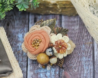 Coral Flower Corsage Pin Textile Brooch Natural Colors Wedding Sash Fabric Flower Friend Gift Gift for Women Gift for Mom Bridesmaid Flower