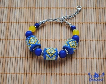 Blue bracelet lapis lazuli jewelry Embroidered bracelet boho chic fabric bracelet blue yellow ethnic jewelry gift for women gifts for wife