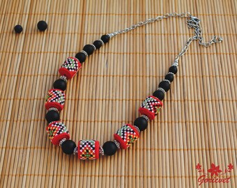 Agate necklace black red jewelry folk art bib necklace embroidered jewelry boho necklace unique jewelry christmas gift for her birthday gift