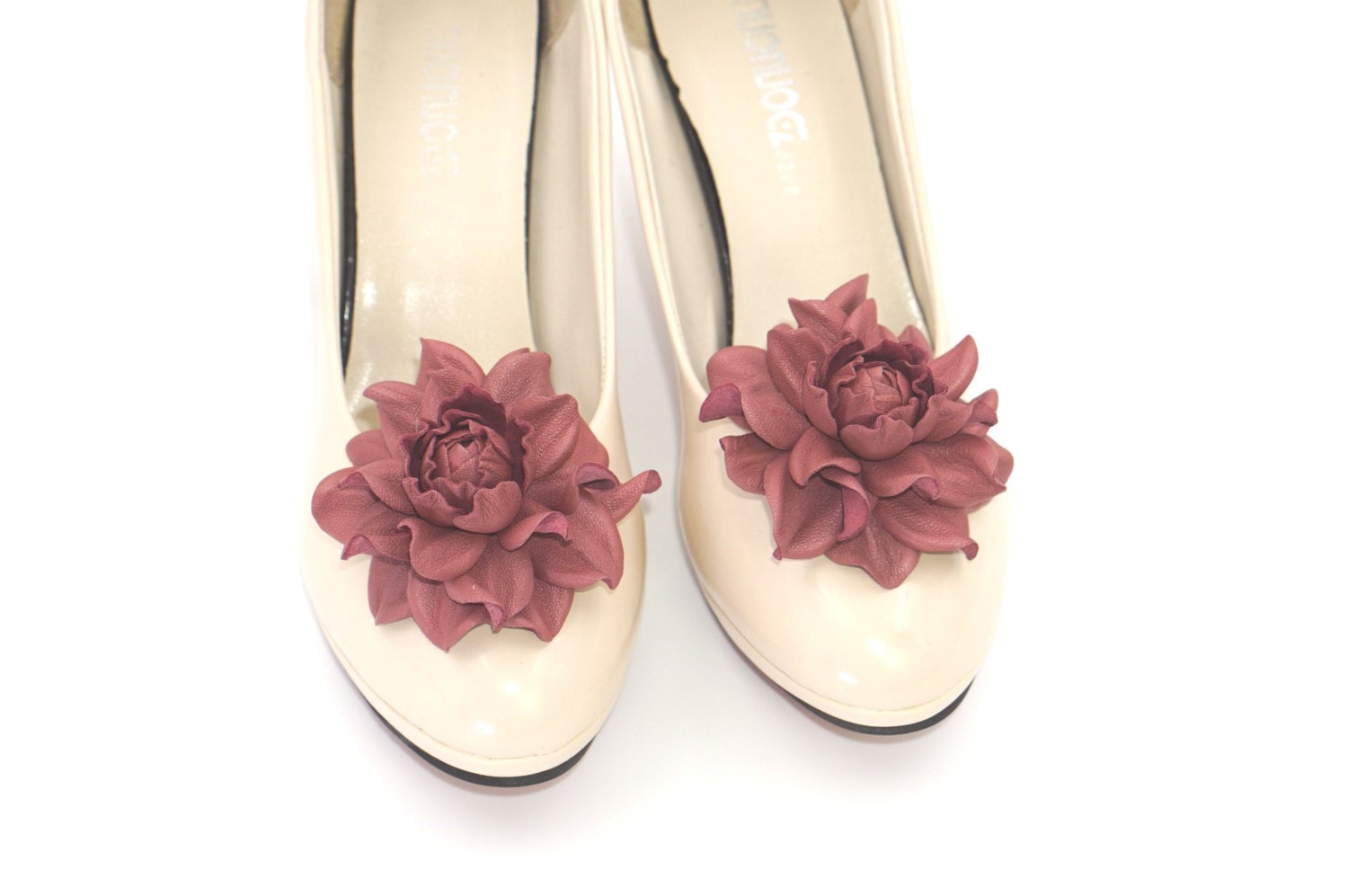 Genuine LEATHER SHOE CLIPS flowers dusty rosy pink rose