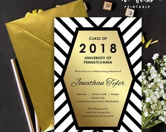Black and White Stripe Gold Graduation Invitation | 5x7 | Editable PDF | Instant Download | DIY at home with Adobe Reader