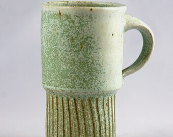 Handmade Ceramic Travel Mug, Carved Coffee Cup, Speckled Turquoise Blue