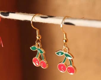 Cherry Earrings, Fruit Earrings, Tropical Earrings, Gold Earrings, Enamel Earrings, Red, Green, Cherries, Enamel Charms