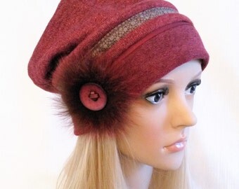 Cap model unique, woman, Pompom fur Fox, original bonnet bonnet CAP, Maroon Cap