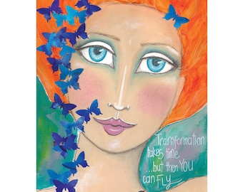 Mixed media art, Butterfly art, Whimsical Boho art, Encouragement gift, Gift for friend, Orange themed Life quotes titled "Transformation"