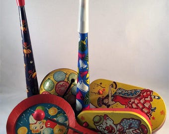 Vintage Tin Metal Noisemakers, Horn, Clackers - 1950's