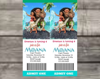 Moana Movie Ticket Invite, Moana, Movie Ticket, Birthday, Admit One, Digital Image