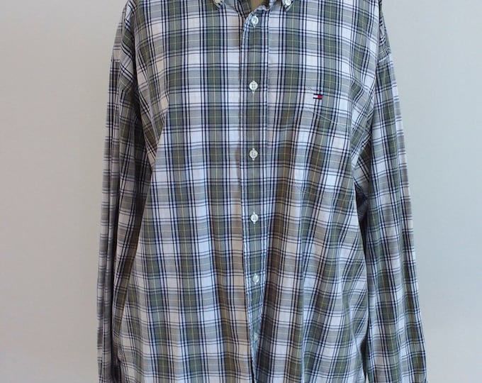Tommy Hilfiger green plaid shirt, green long sleeve oxford shirt, tartan casual button down shirt, size XL, suitable for work summer shirt