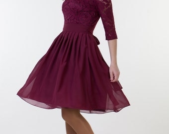 Short burgundy dress with sleeves Burgundy bridesmaid dress with sleeves Burgundy cocktail dress Burgundy party dress Burgundy lace dress