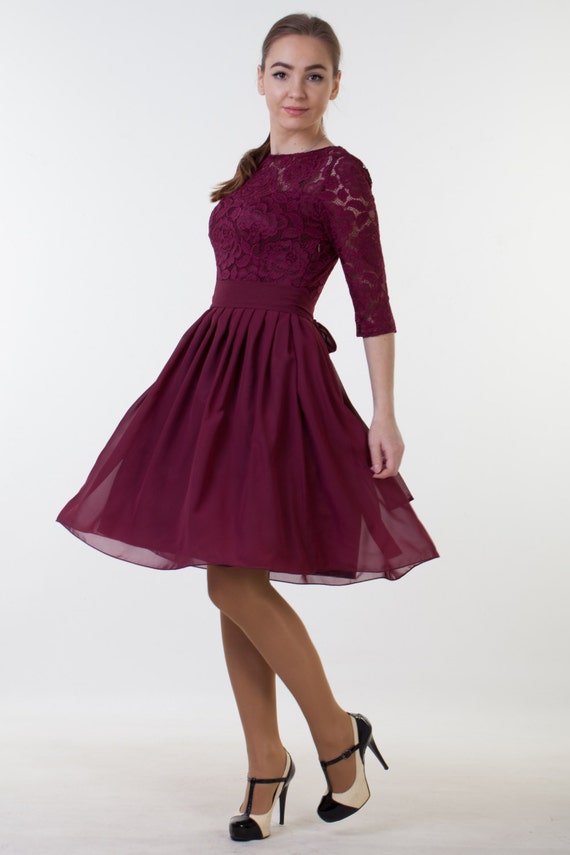  Short  burgundy  dress  with sleeves Burgundy  bridesmaid  dress 