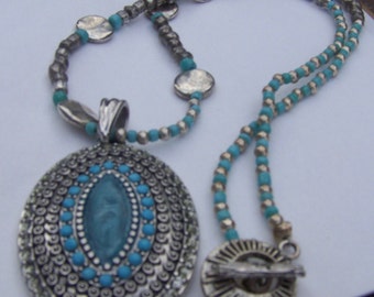 MIXED MEDIA Antiqued Turquoise and Silver Plated Beaded 20" Necklace