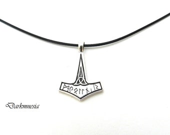 Necklace, Mjöllnir, Thor hammer, black cord, pendant, mythology, odin, nordic, viking, pagan