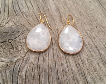 Rainbow moonstone teardrop gold earrings