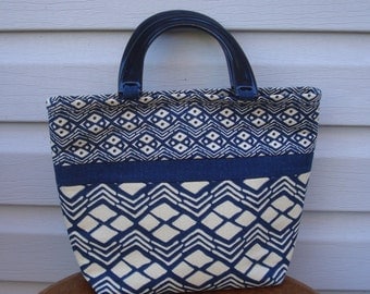 Mini Tote/Indigo African Mudcloth-Style Cotton Prints/Black Acrylic Handles/Top Handle Bag/Indigo and Ivory