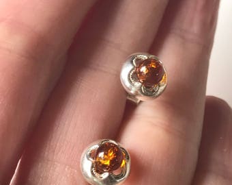 Vintage Sterling Silver Natural Amber Stud Pierced Earrings, Sterling Silver Round Domed Genuine Amber Earrings, Minimalistic Amber Earrings