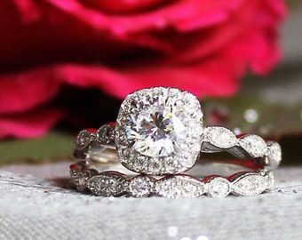 Bridal Ring Set, Round Halo, Infinity Bands, Wedding Set, .79 ct Lab diamond with pave bands,Rhodium coated Silver,BELINDA