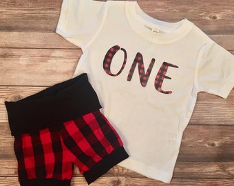 Lumberjack First Birthday Outfit, Buffalo Plaid, Red and Black Plaid, Summer Birthday Outfit, Baby Boy Birthday Outfit, One Birthday