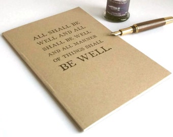 All Shall Be Well journal A5 | Literary Typography Quotation Notebook | Julian of Norwich Kraft Writing Book, Recycled Paper | Office Gift