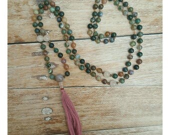 Agate Mala Necklace - Rose Quartz Mala Necklace - Heart Chakra Necklace - Gift for Yogi - Yoga Jewelry - 108 Mala Beads - Mala Necklace