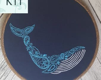 Embroidery Kit - Paisley Blue Whale - DIY Kit - Sewing Project - Contemporary & Modern Embroidery - Craft Kit