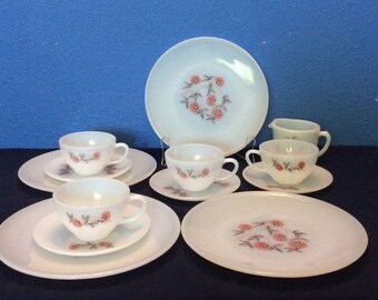 Vintage Fire King Fleurette, Four Plates, Four Cups, Four Saucers and a Creamer