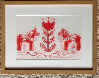 Swedish Dala Horse lino print
