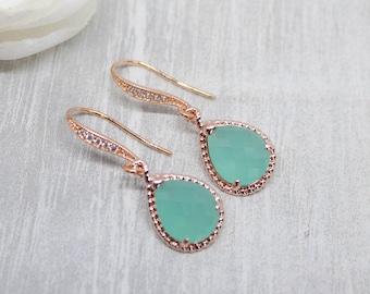 Rose gold earrings wedding jewellery Mint turquoise wedding bride Bridal jewelry