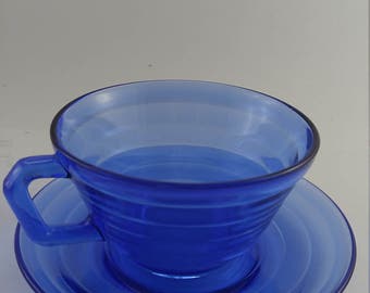 Cup and Saucer Blue Moderntone Hazel Atlas Vintage 4 REDUCED