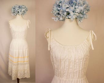 Vintage 70s Georgia Charuhas White Pintuck Embroidered Tie Strap Sundress - Made in Mexico