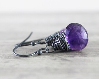 Purple Amethyst Earrings, Dark Purple Earrings, February Birthstone Jewelry, Amethyst Gemstone Earrings, Black Oxidized Sterling Silver