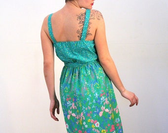 Iris, 70s Green Floral Sundress, Vintage Cotton Floral Dress, 70s Sundress, Green Sundress, Sleeveless Summer Floral Print Dress S