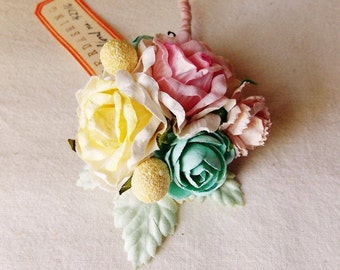 Shell Pink Aqua Butter Cream Roses Mixed bunch Vintage style Millinery Flower spray Bouquet floral corsage